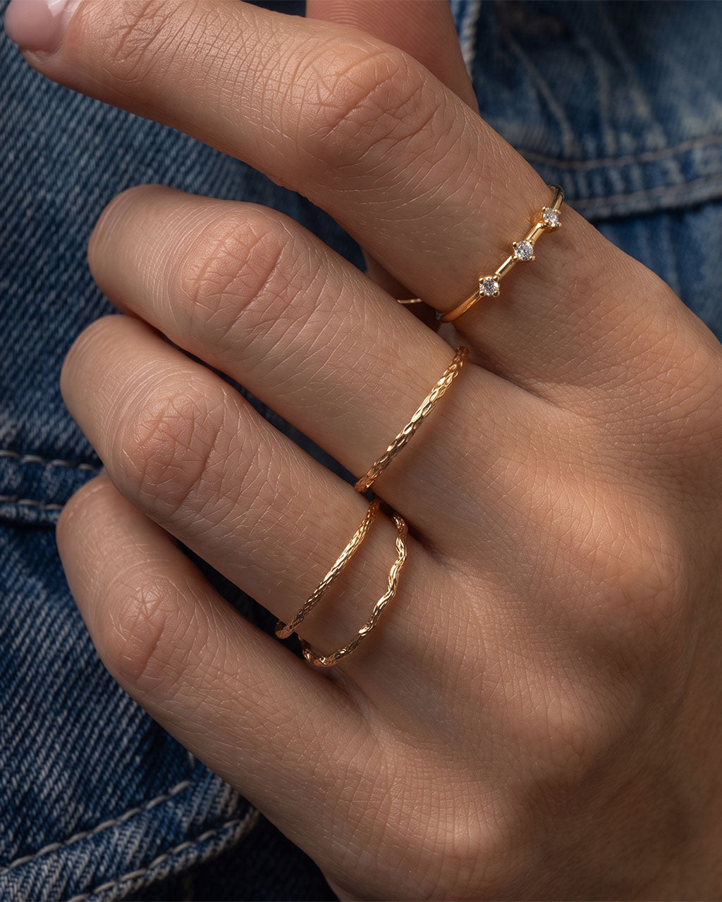 Spaced Three Stone Slim Band Waterproof Gold Ring