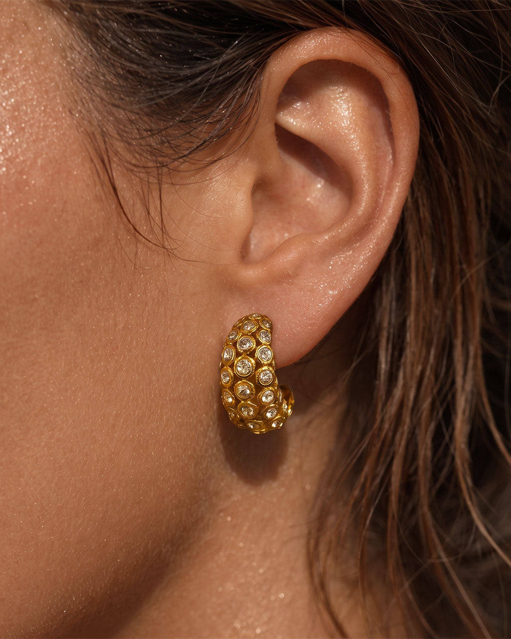 Sparkle Chunky C Hoop Stud Waterproof Gold Earrings