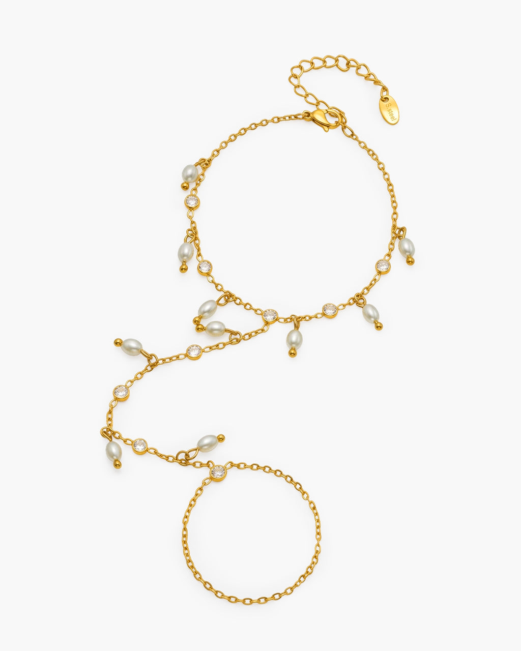 Sparkle Pearl Drop Hand Chain Waterproof Gold Bracelet