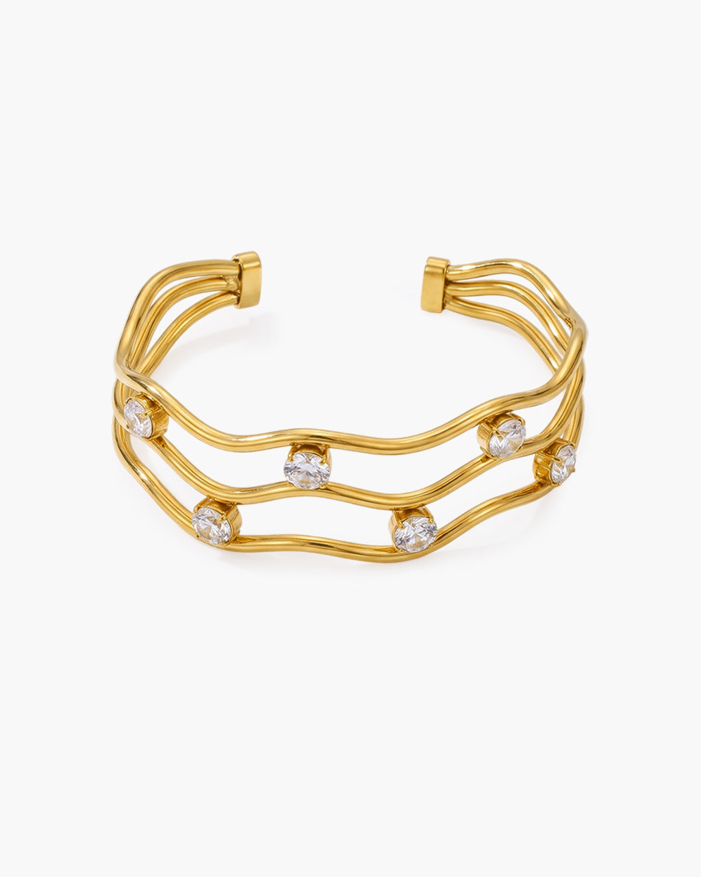 Sparkle Wavy Three Row Cuff Waterproof Gold Bangle