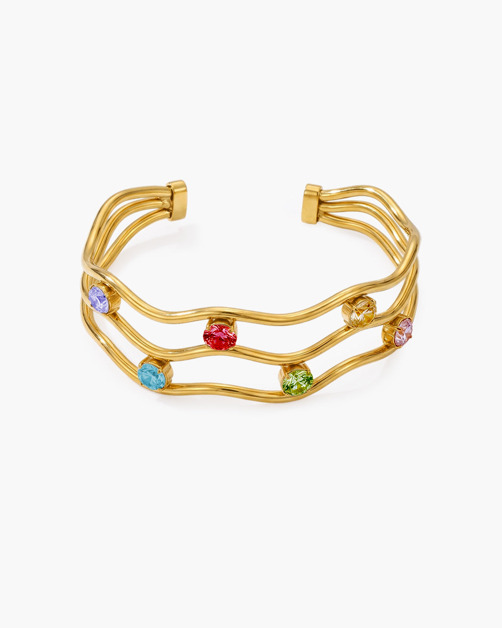 Sparkle Wavy Three Row Cuff Waterproof Gold Bangle