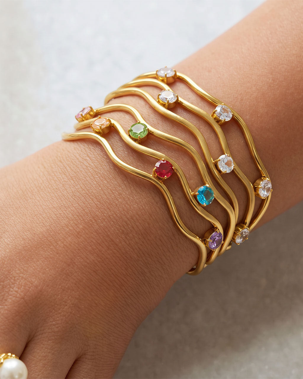 Sparkle Wavy Three Row Cuff Waterproof Gold Bangle