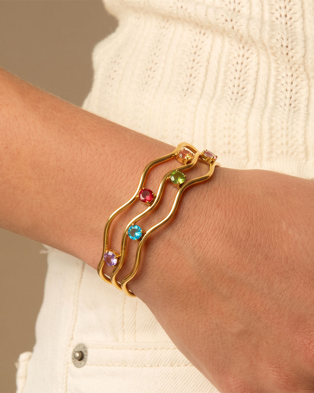 Sparkle Wavy Three Row Cuff Waterproof Gold Bangle