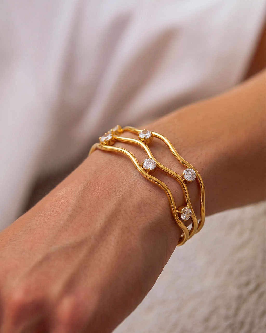 Sparkle Wavy Three Row Cuff Waterproof Gold Bangle