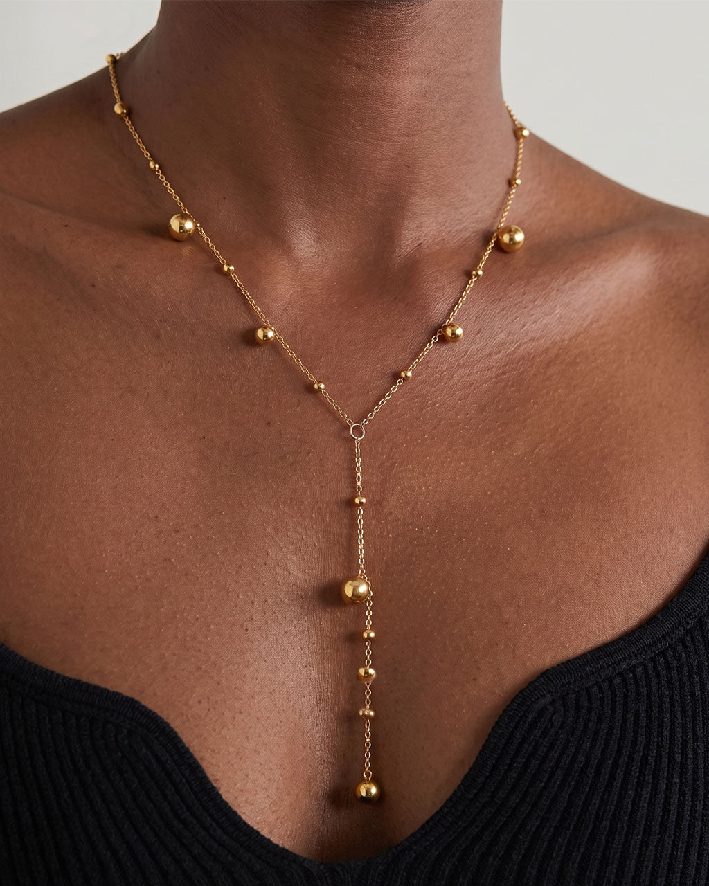 Sparkling Beaded Y Lariat Waterproof Gold Necklace
