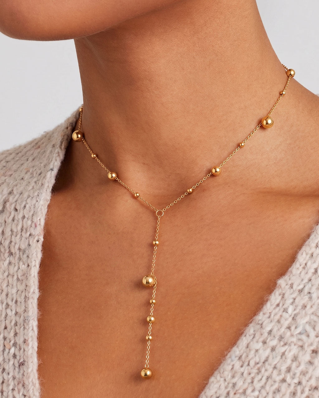 Sparkling Beaded Y Lariat Waterproof Gold Necklace