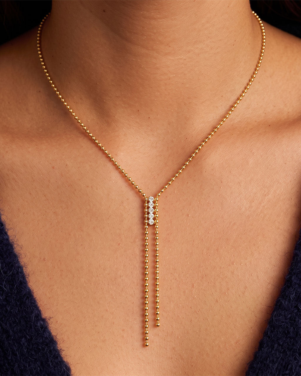 Sparkly Beaded Tassel Y Waterproof Gold Necklace