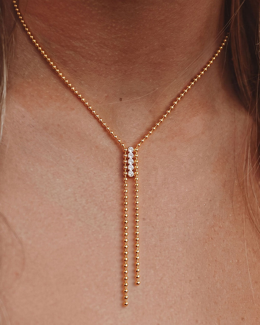 Sparkly Beaded Tassel Y Waterproof Gold Necklace