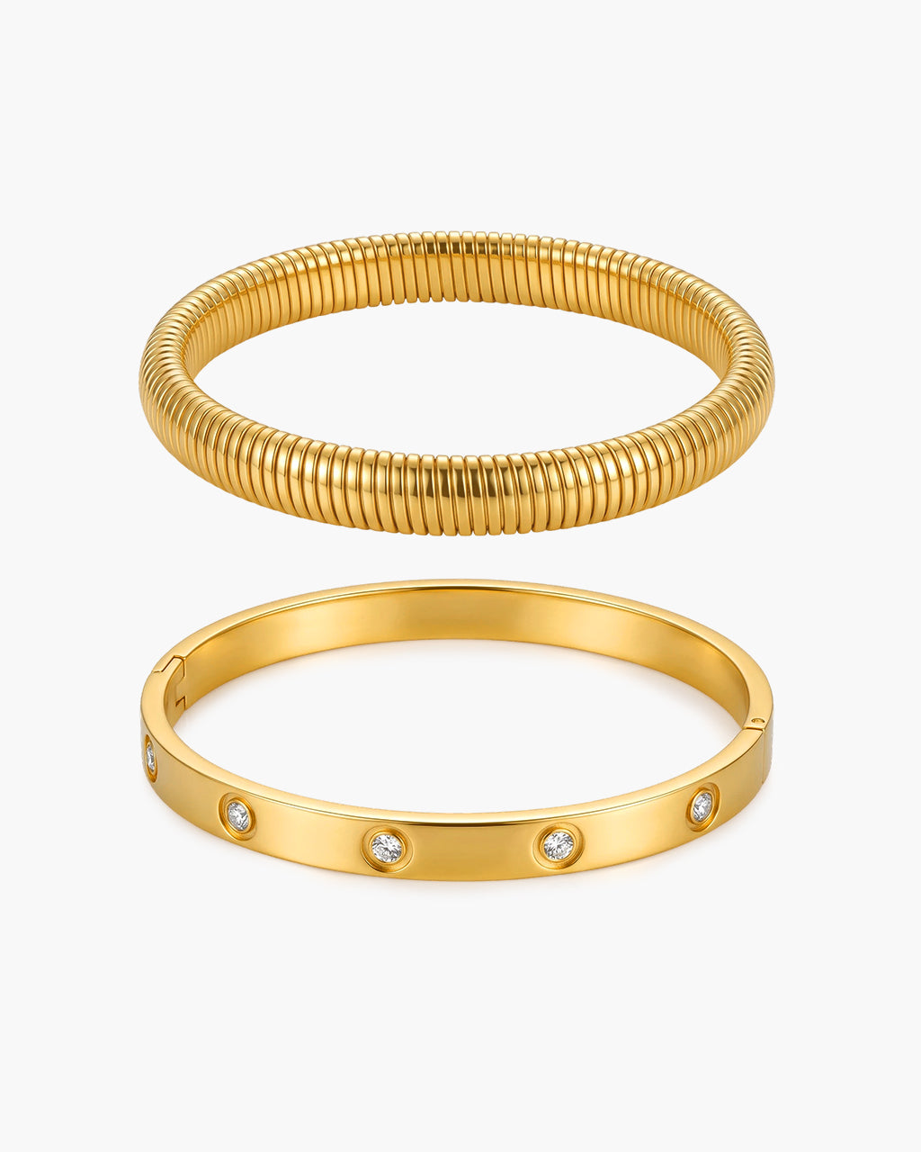 Sparkly Bezel Stone Ribbed Duo Waterproof Bangle Bundle