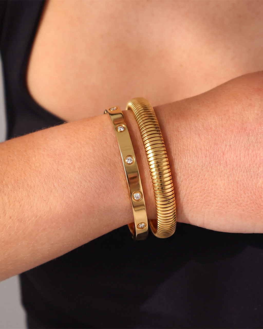 Sparkly Bezel Stone Ribbed Duo Waterproof Bangle Bundle