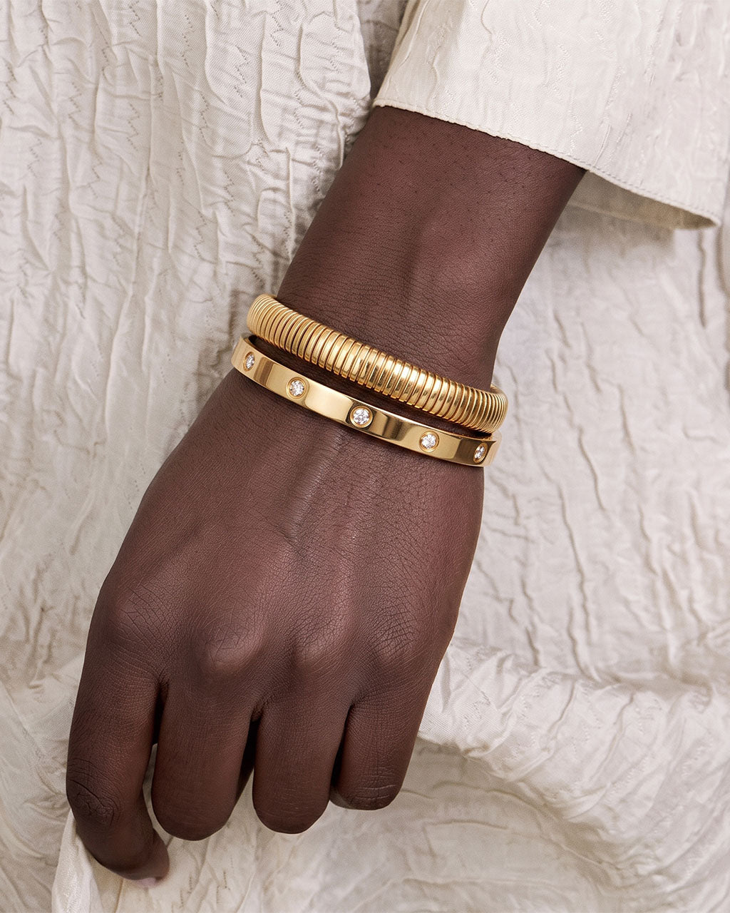 Sparkly Bezel Stone Ribbed Duo Waterproof Bangle Bundle