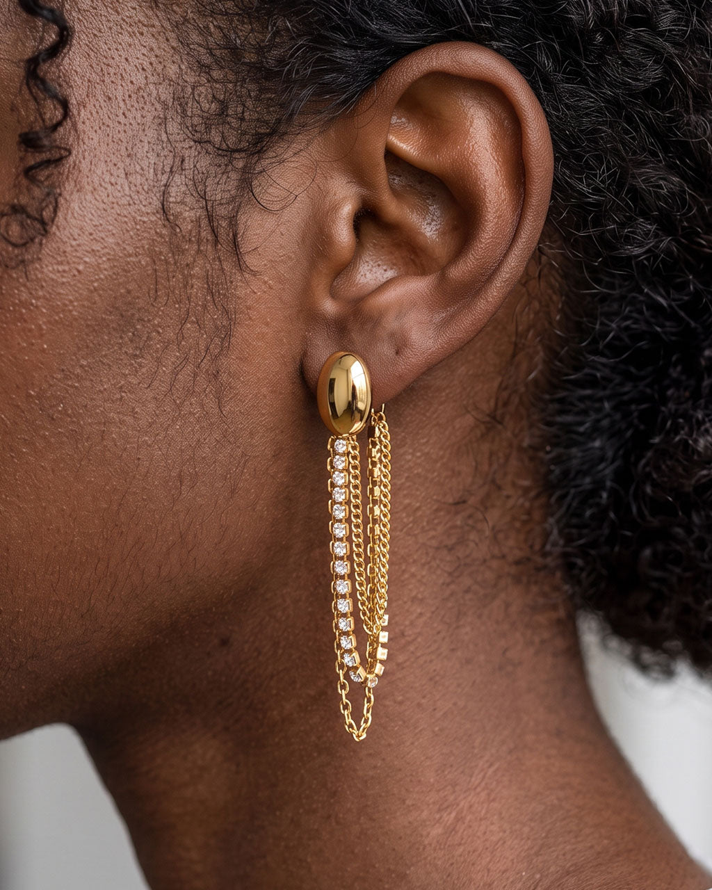 Sparkly Chain Oval Dome Stud Waterproof Gold Earrings