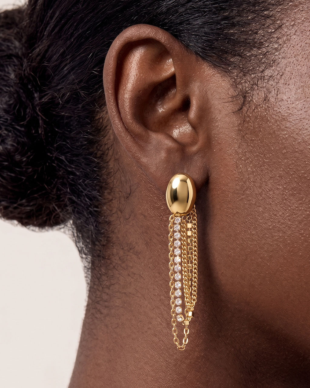 Sparkly Chain Oval Dome Stud Waterproof Gold Earrings