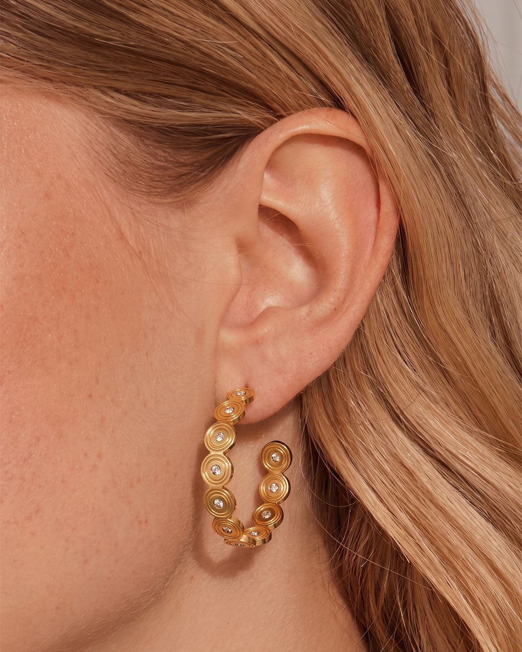 Sparkly Disc Open C Hoop Waterproof Gold Earrings