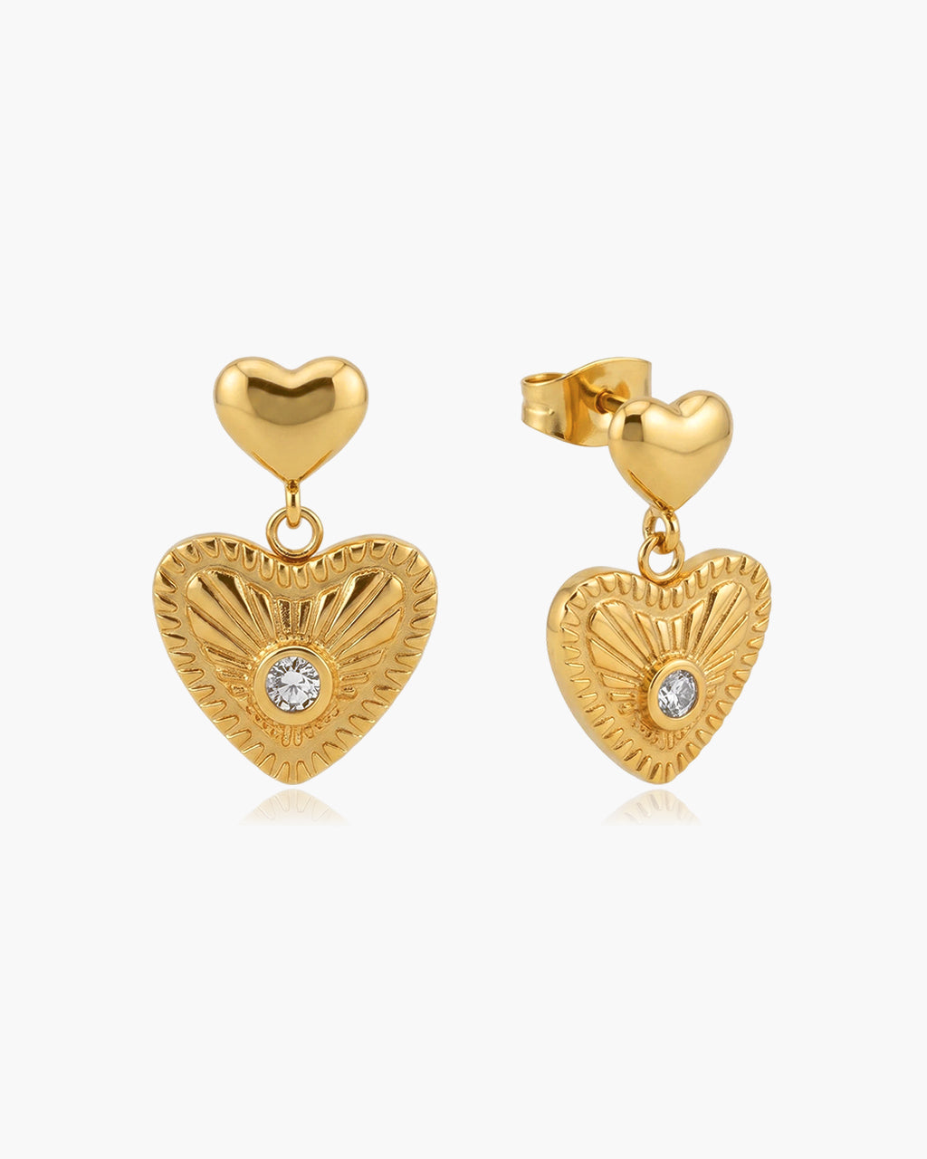 Sparkly Double Heart Drop Waterproof Gold Earrings