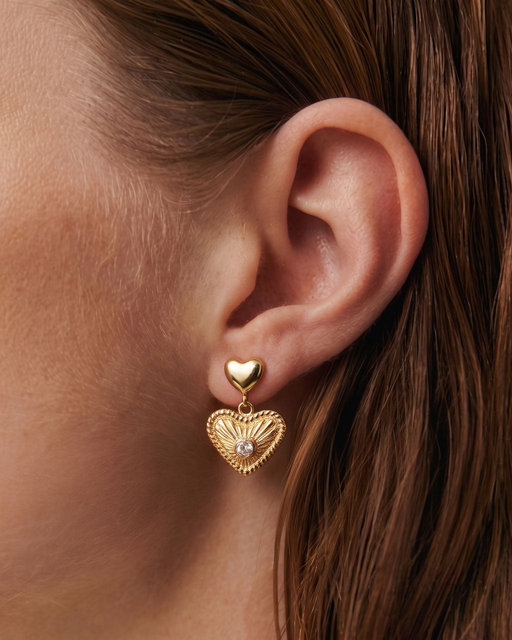 Sparkly Double Heart Drop Waterproof Gold Earrings