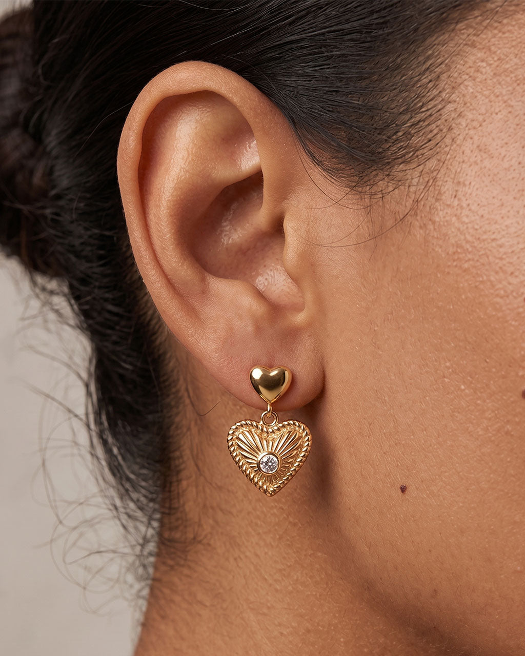 Sparkly Double Heart Drop Waterproof Gold Earrings