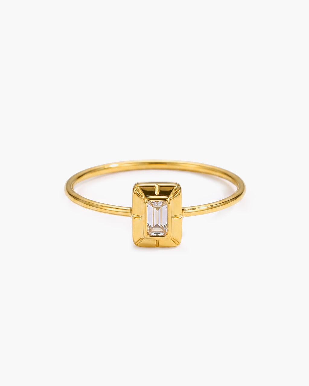 Sparkly Emerald Cut Solitaire Waterproof Gold Ring