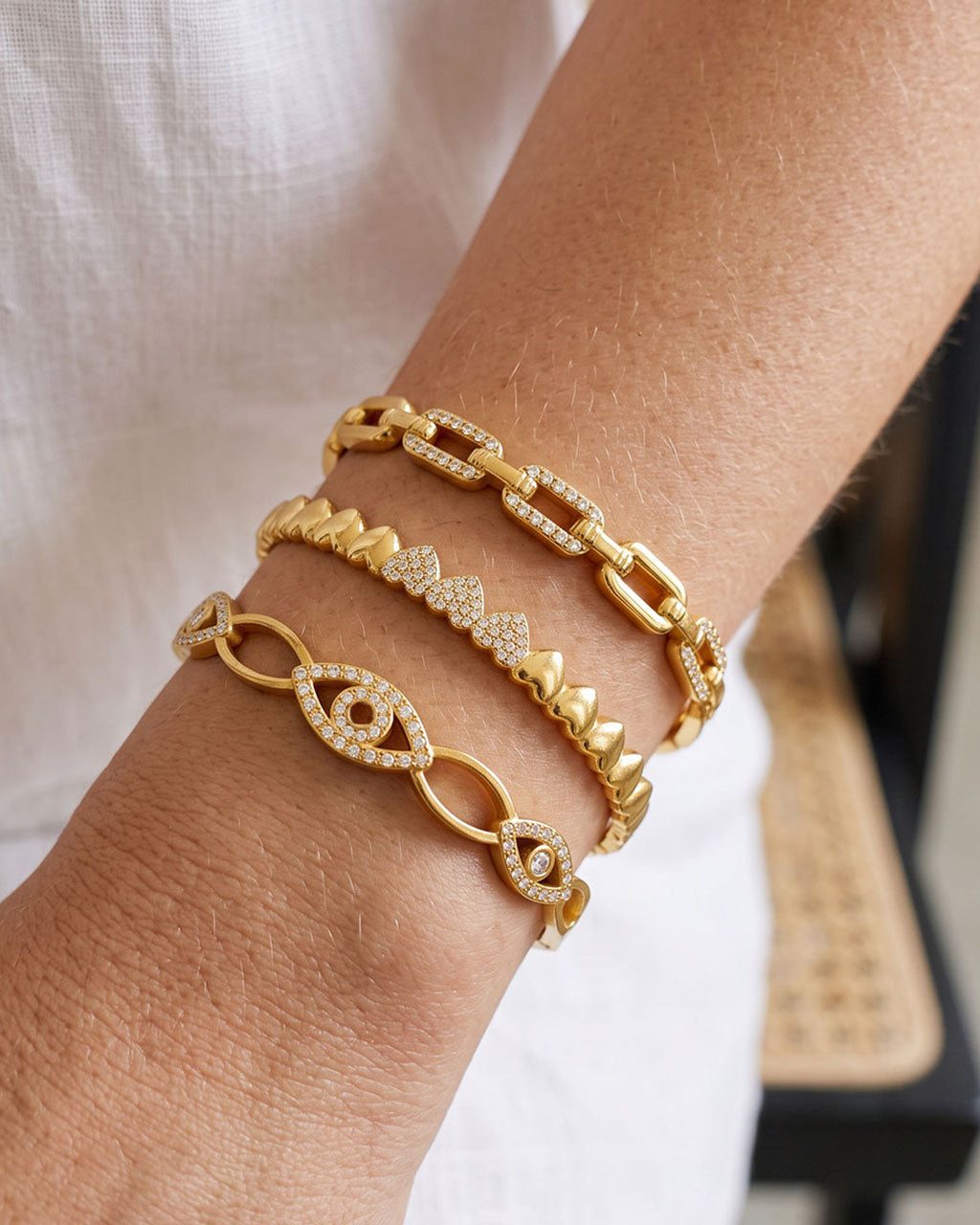 Sparkly Evil Eye Link Waterproof Gold Bangle