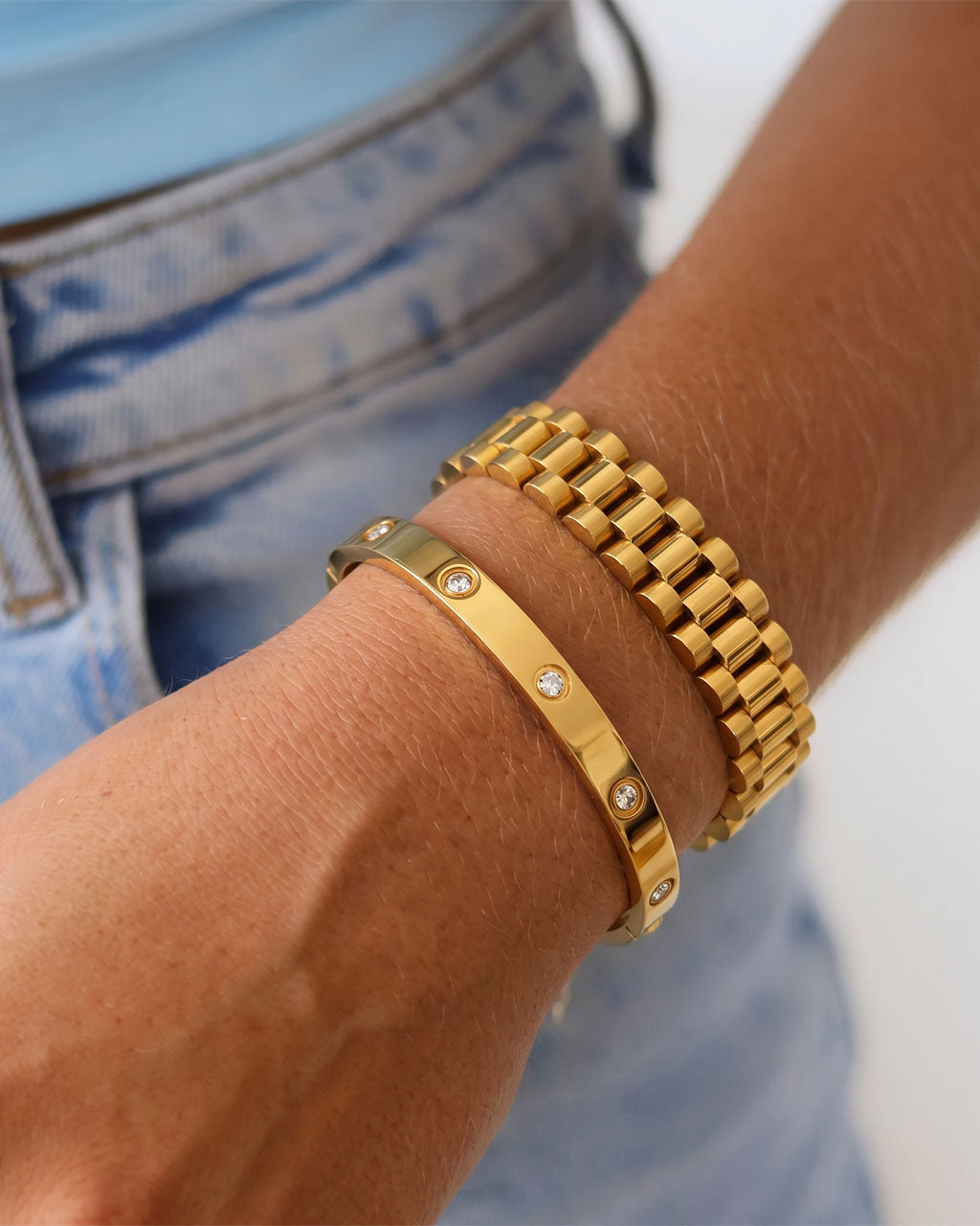 Sparkly Gold Watch Link Duo Waterproof Bangle Bundle