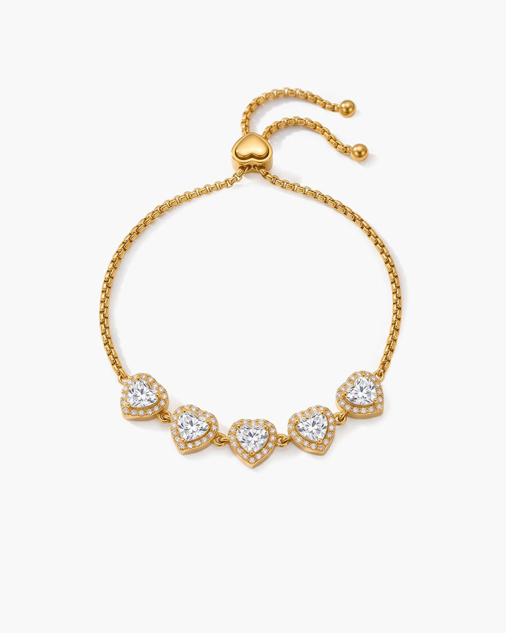 Sparkly Heart Five Stone Slider Waterproof Gold Bracelet