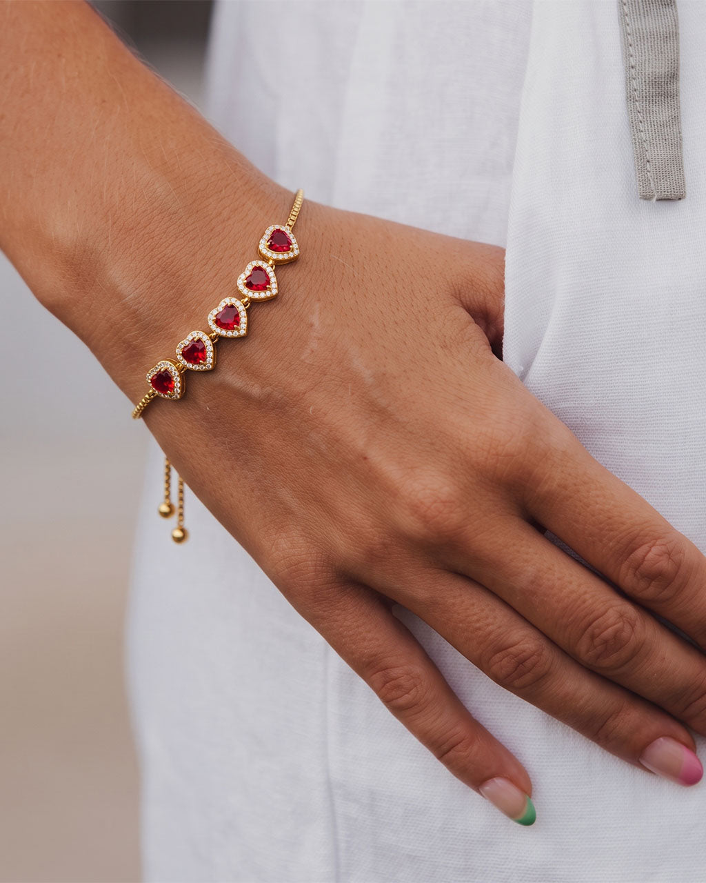 Sparkly Heart Five Stone Slider Waterproof Gold Bracelet