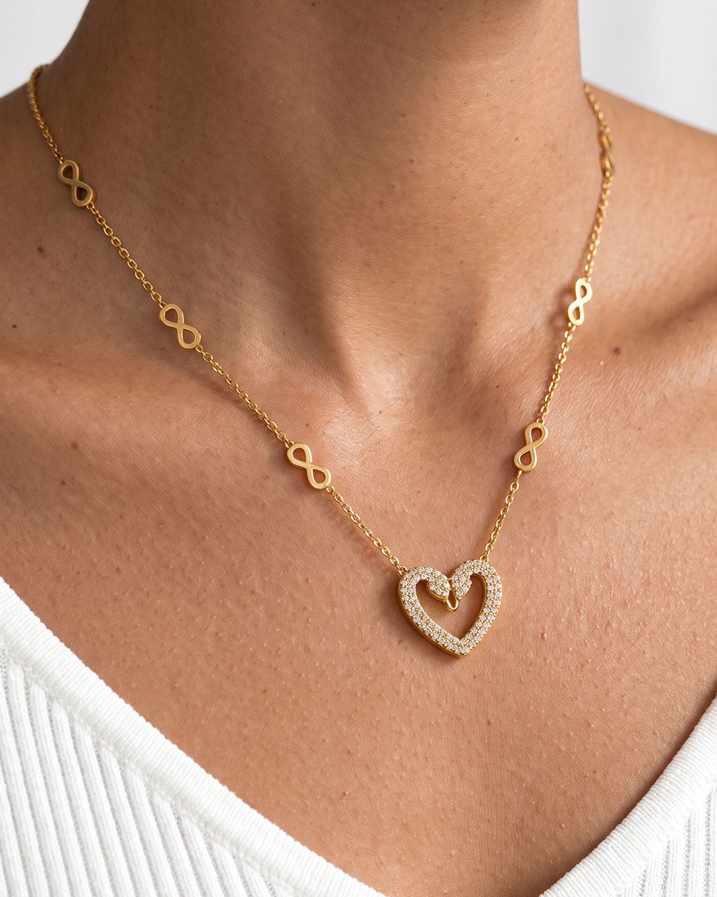Sparkly Heart Infinity Charm Waterproof Gold Necklace