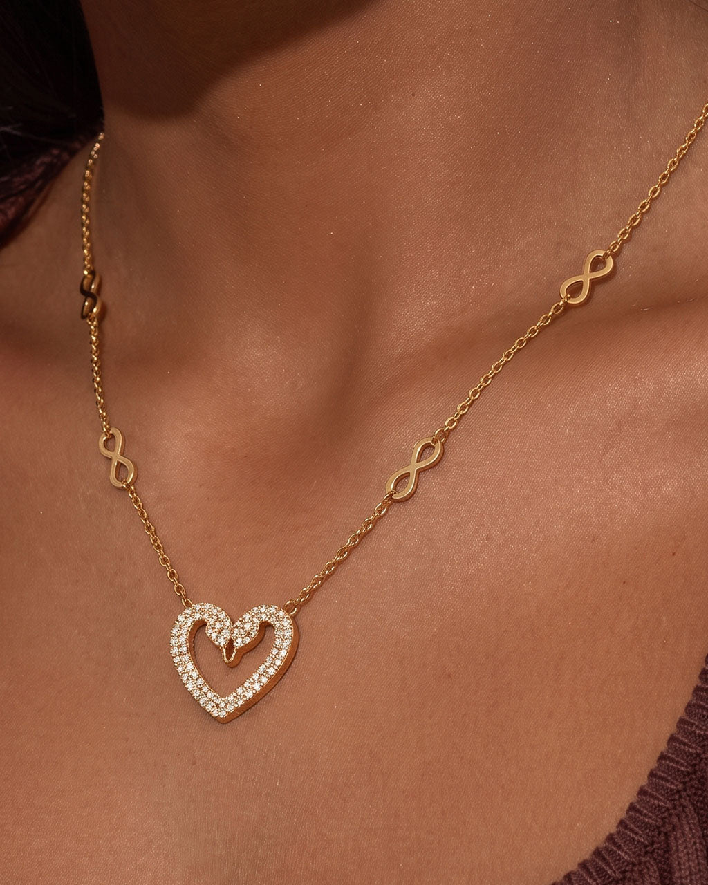 Sparkly Heart Infinity Charm Waterproof Gold Necklace