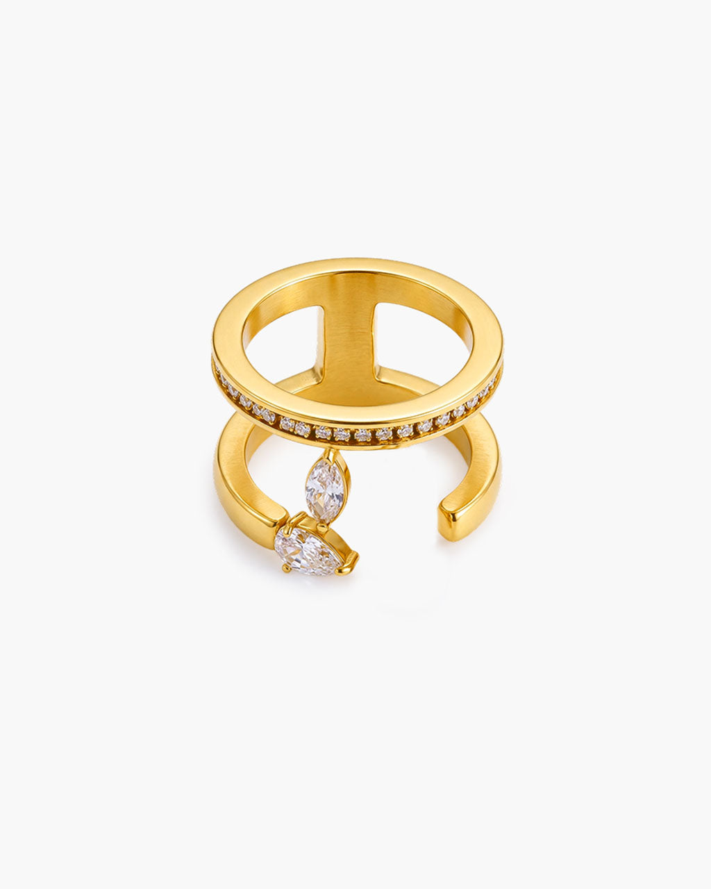 Sparkly Mixed Stone Double Band Waterproof Gold Ring