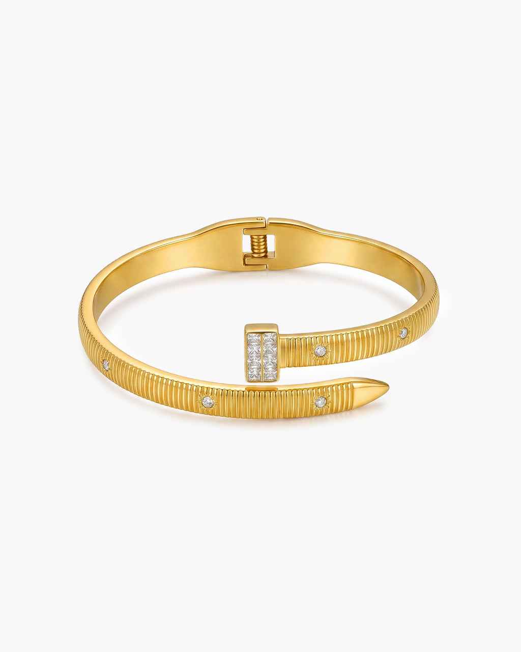 Sparkly Mixed Stone Ribbed Cuff Waterproof Gold Bangle