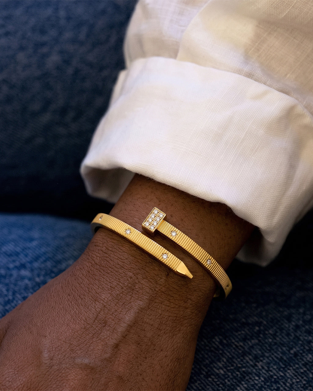 Sparkly Mixed Stone Ribbed Cuff Waterproof Gold Bangle