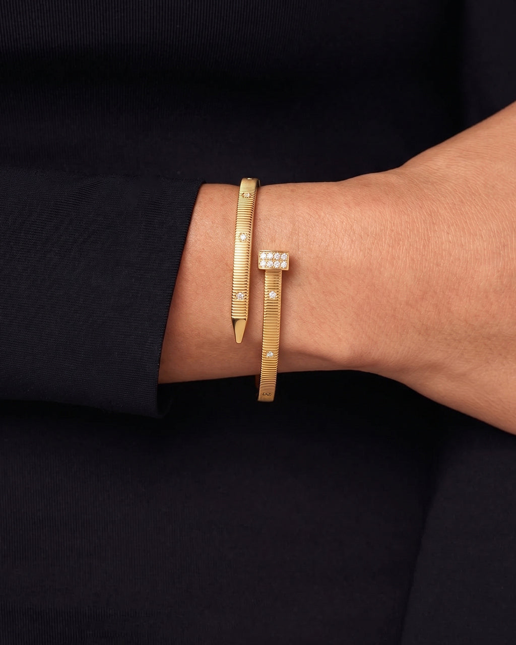 Sparkly Mixed Stone Ribbed Cuff Waterproof Gold Bangle