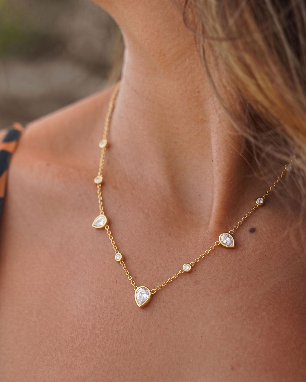 Sparkly Mixed Stone Station Waterproof Gold Necklace
