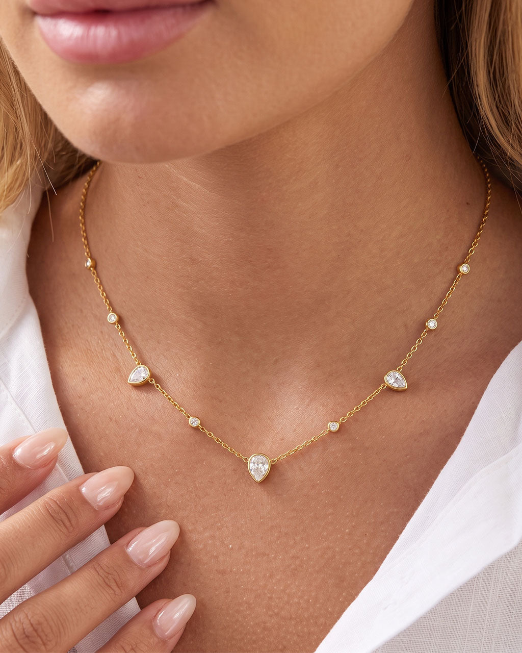 Sparkly Mixed Stone Station Waterproof Gold Necklace