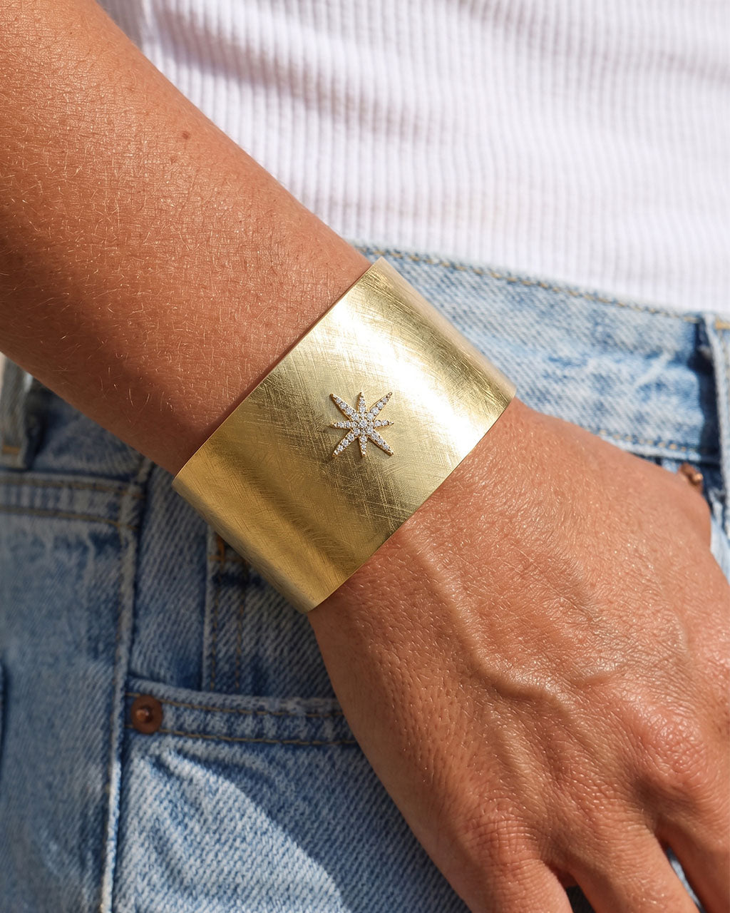 Sparkly North Star Wide Cuff Waterproof Gold Bangle