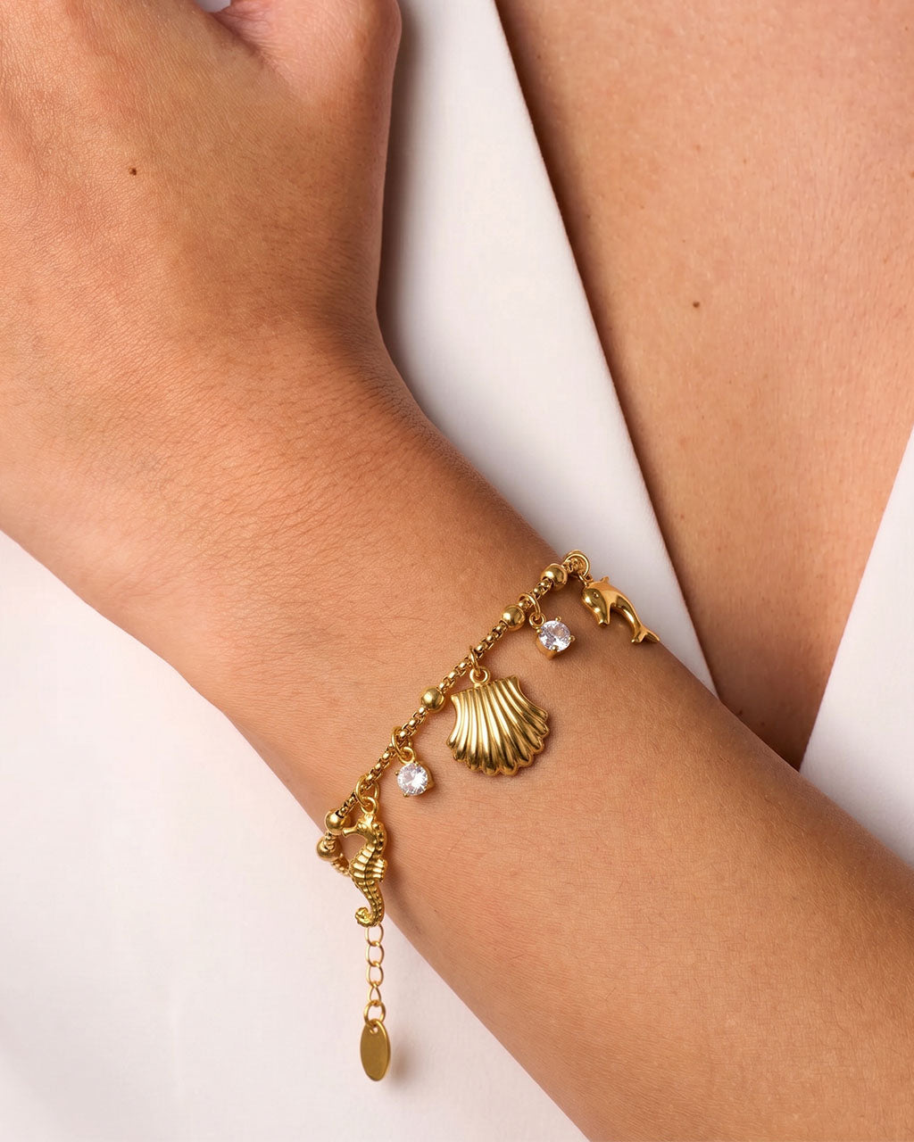 Sparkly Ocean Charm Rolo Chain Waterproof Gold Bracelet