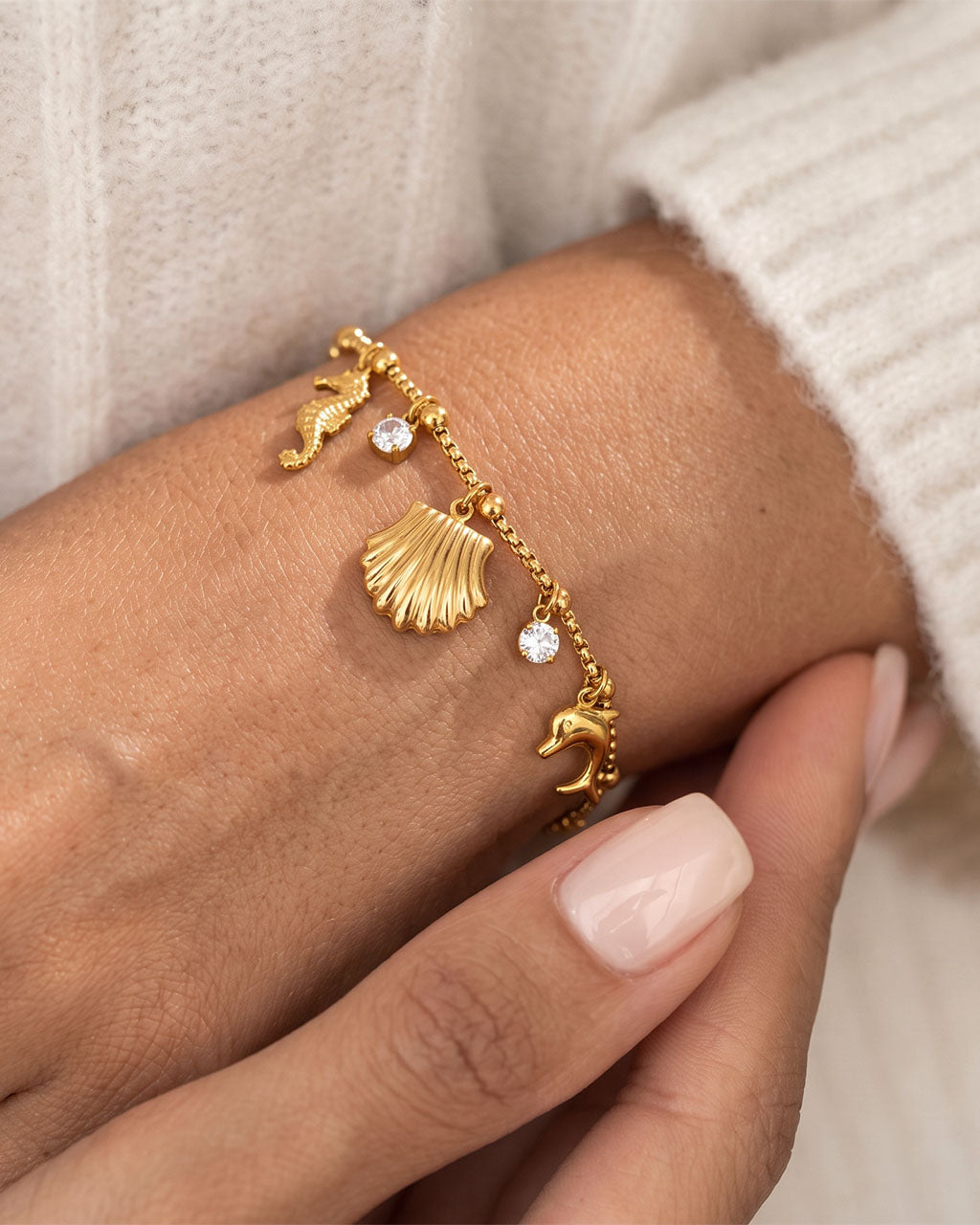 Sparkly Ocean Charm Rolo Chain Waterproof Gold Bracelet