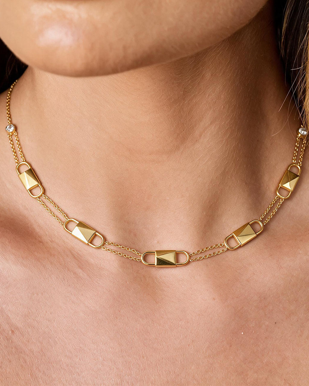 Sparkly Padlock Double Chain Waterproof Gold Necklace
