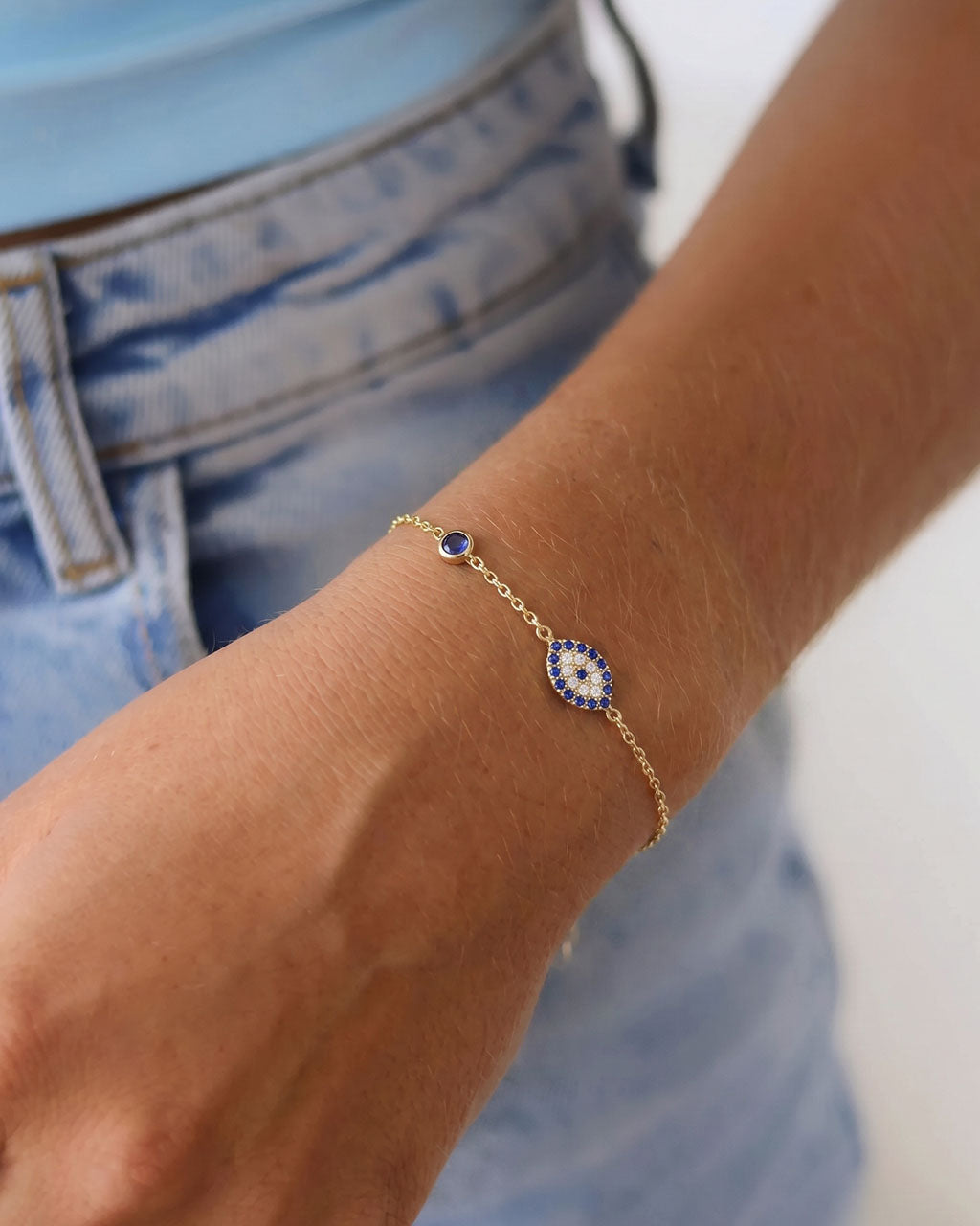 Sparkly Pavé Evil Eye Charm Waterproof Gold Bracelet