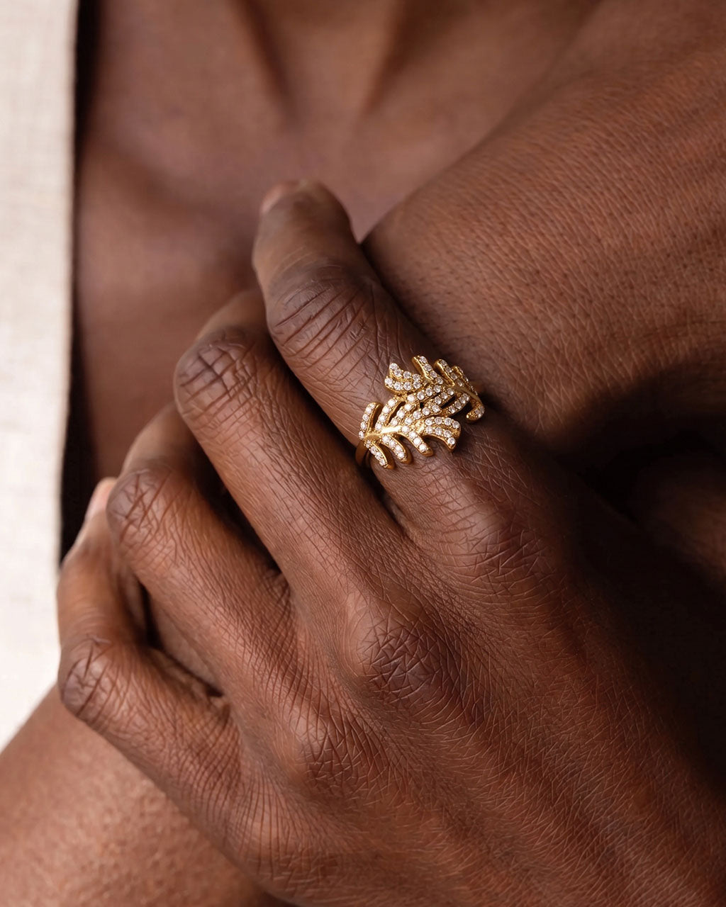 Sparkly Pavé Laurel Leaf Wrap Waterproof Gold Ring