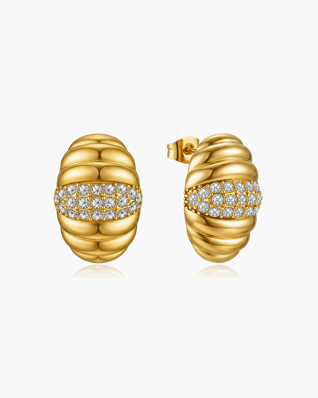 Sparkly Pavé Ribbed Dome Stud Waterproof Gold Earrings