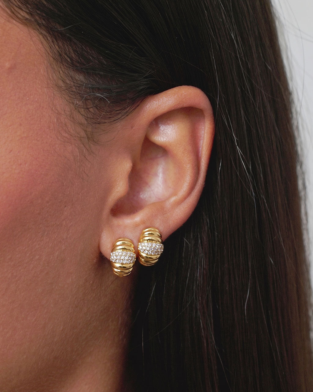 Sparkly Pavé Ribbed Dome Stud Waterproof Gold Earrings
