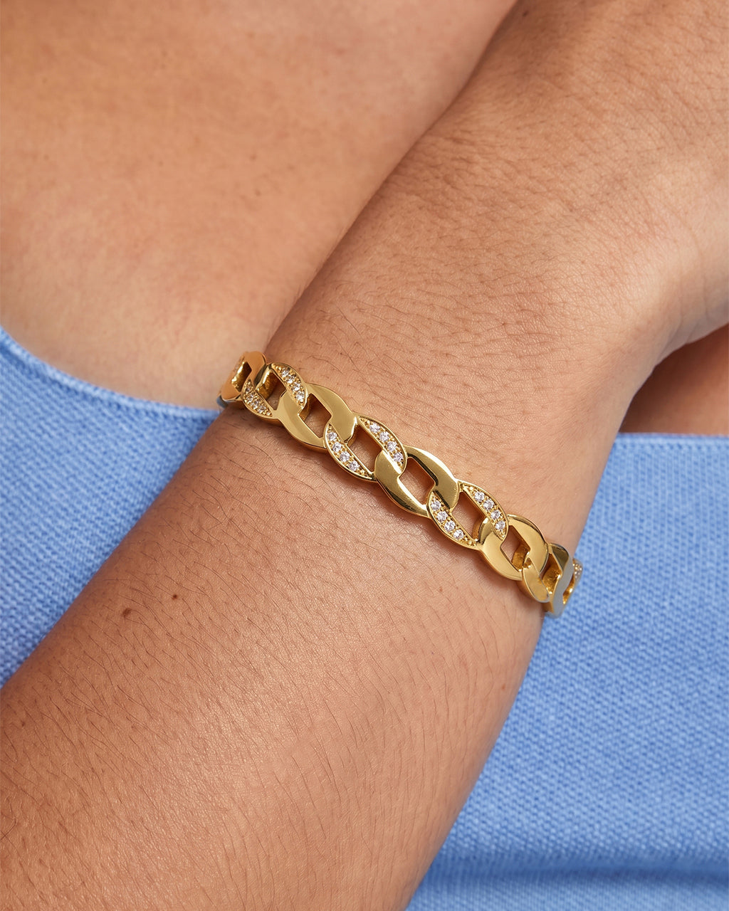 Sparkly Pavé Stone Curb Chain Waterproof Gold Bangle