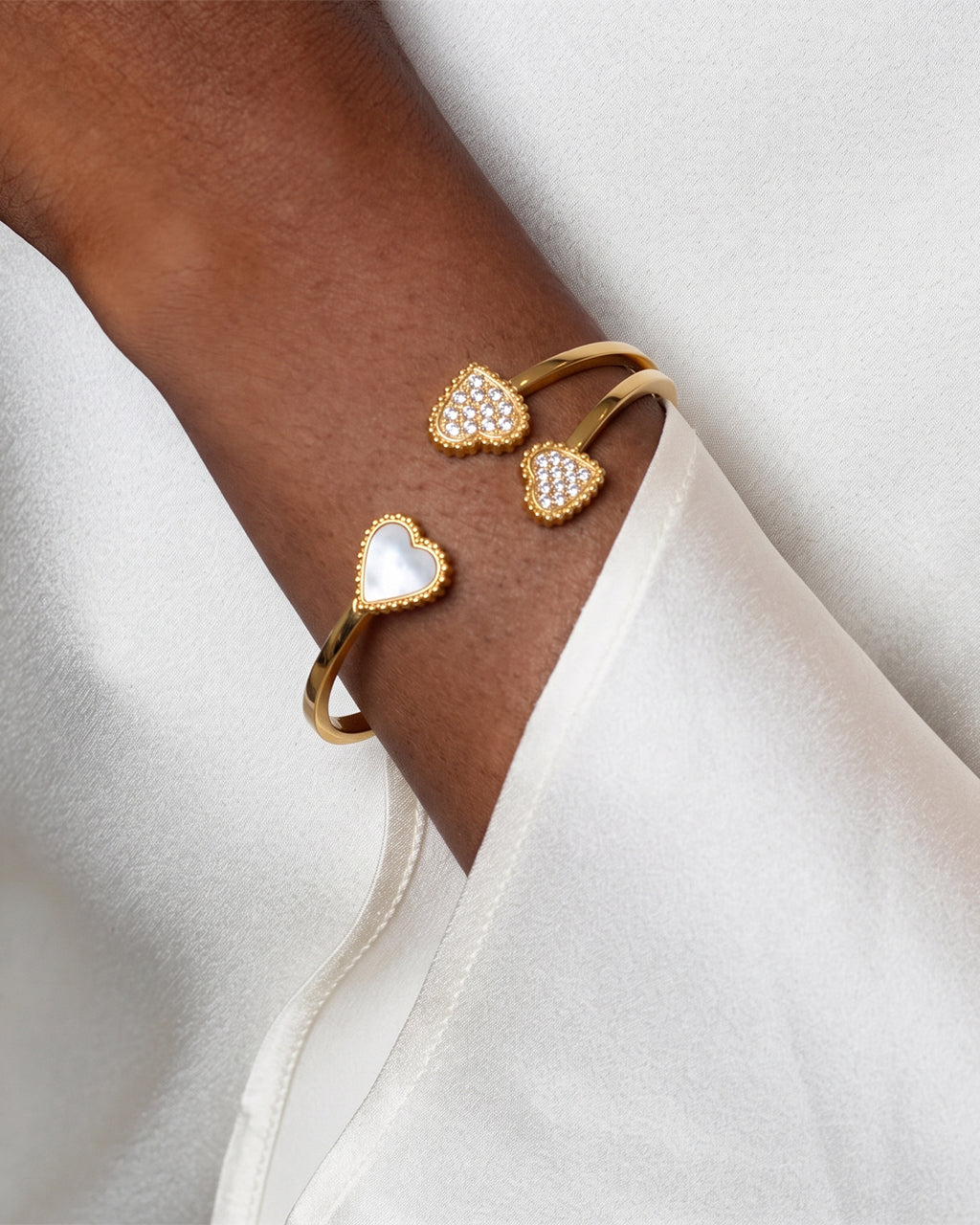 Sparkly Pavé Triple Heart Cuff Waterproof Gold Bangle