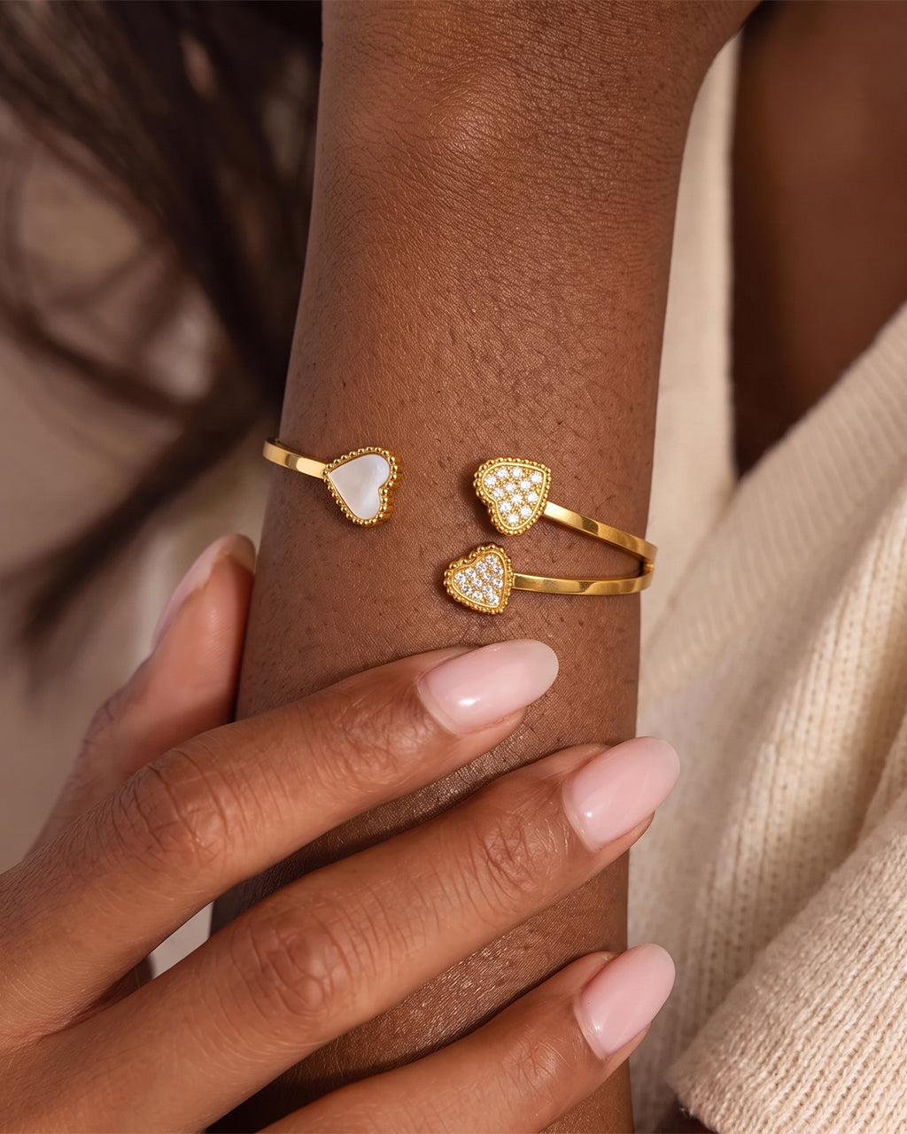 Sparkly Pavé Triple Heart Cuff Waterproof Gold Bangle