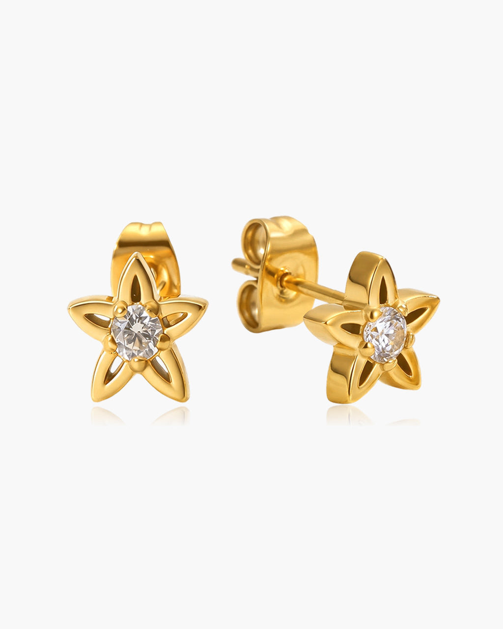 Sparkly Solitaire Flower Stud Waterproof Gold Earrings
