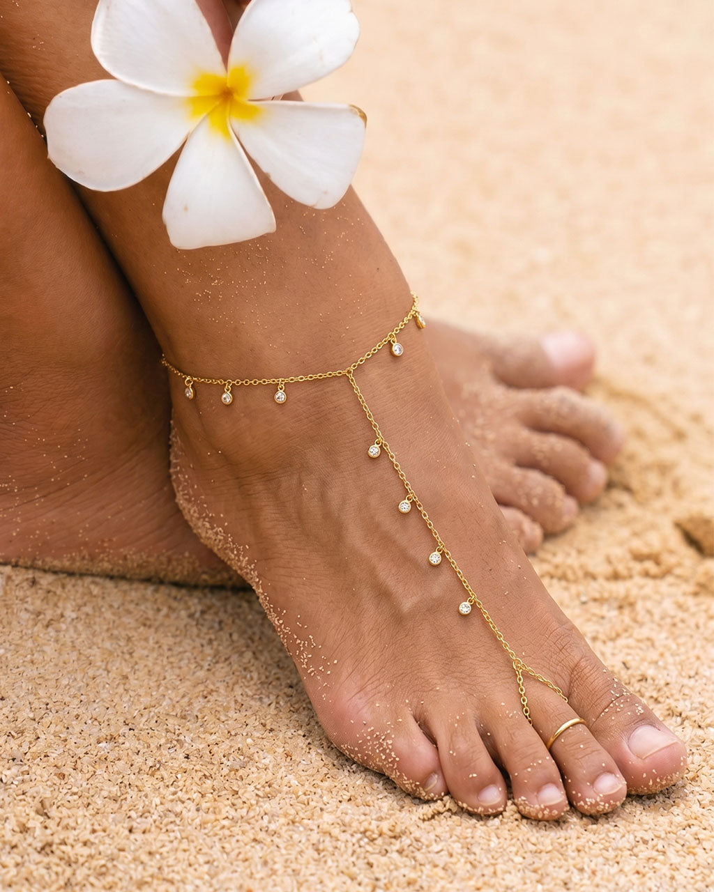 Sparkly Stone Barefoot Sandal Waterproof Gold Anklet