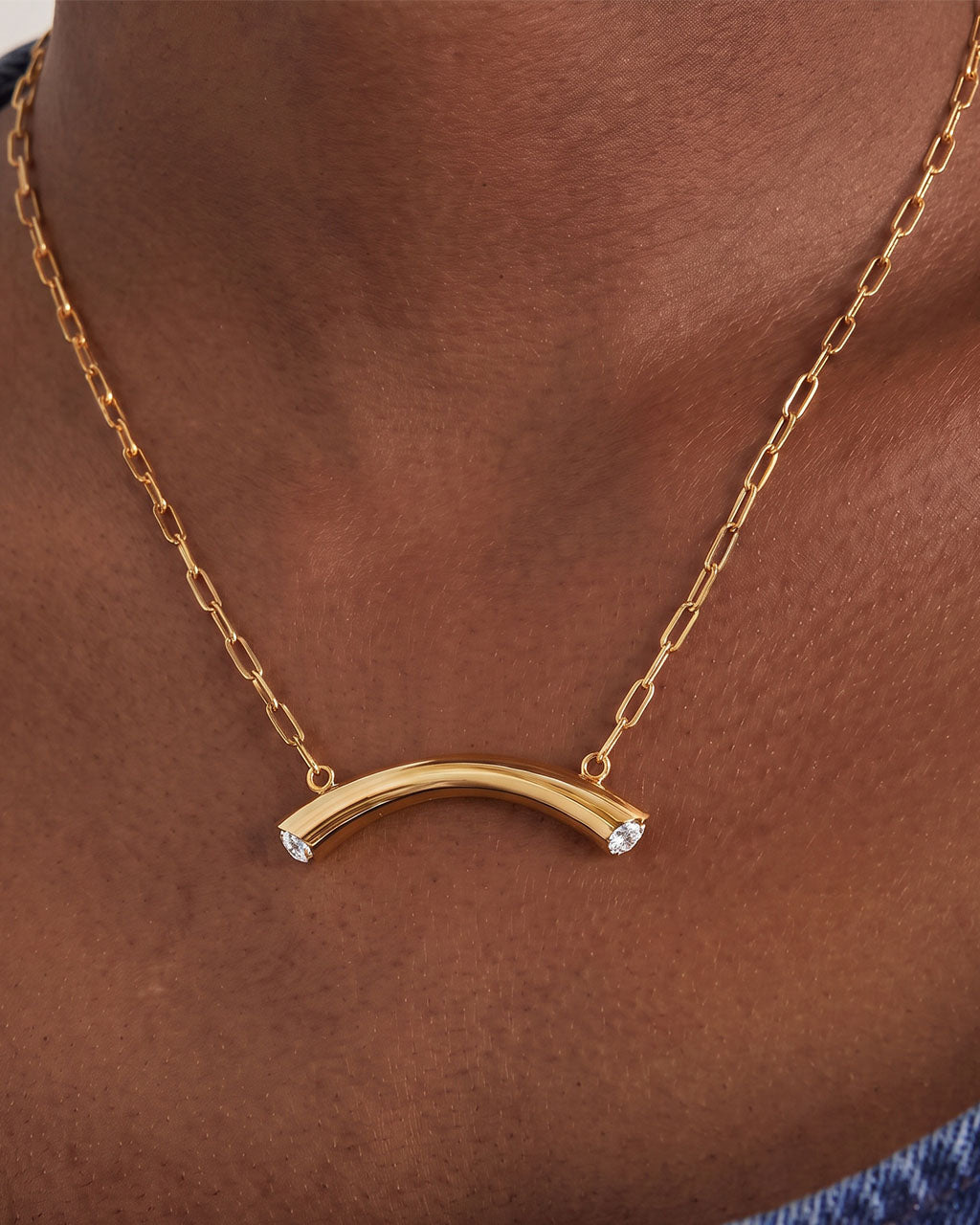Sparkly Stone Curved Tube Waterproof Gold Necklace