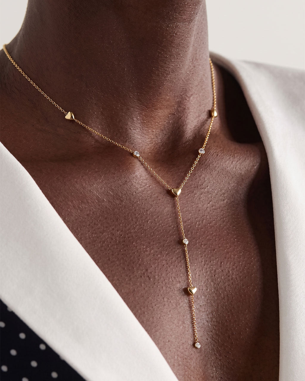 Sparkly Stone Heart Y Lariat Waterproof Gold Necklace
