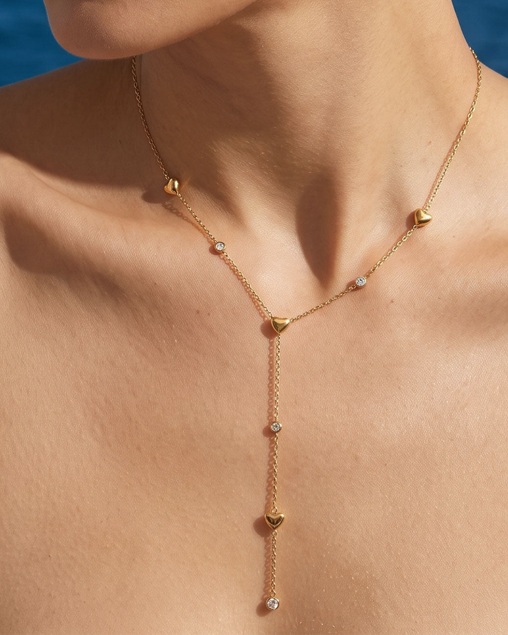 Sparkly Stone Heart Y Lariat Waterproof Gold Necklace